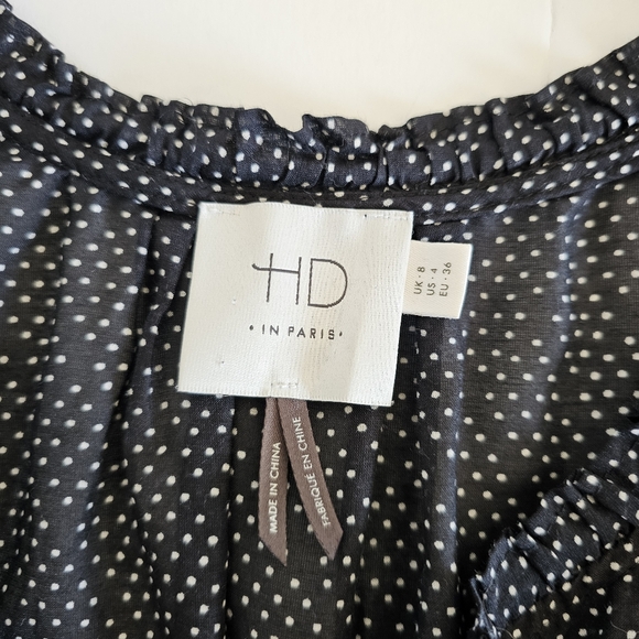 HD in Paris Size 4 Black and White Silk Blend Pin Dot Side Zip Peplum Blouse Fem - Picture 3 of 6